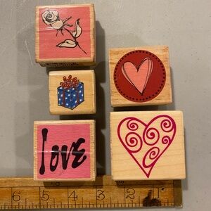 Set of 5 rubber stamps - love, hearts, present , rose, flower - Valentine’s Day